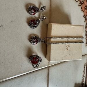 Intricate Red and Silver Heart Necklaces